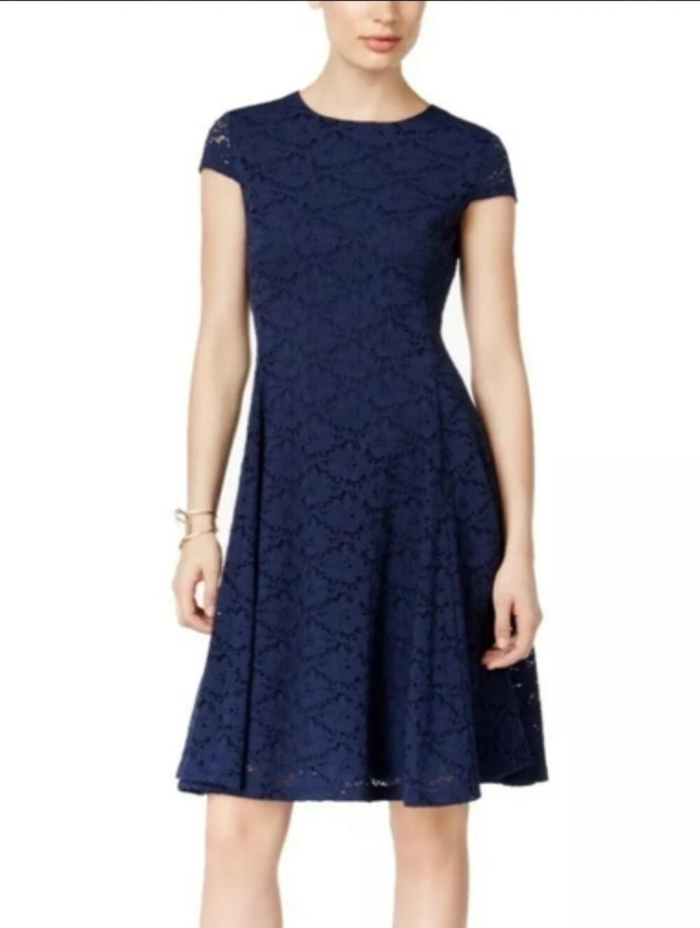Alfani Navy Fit And Flare Floral Lace Cap-Sleeve Midi Dress